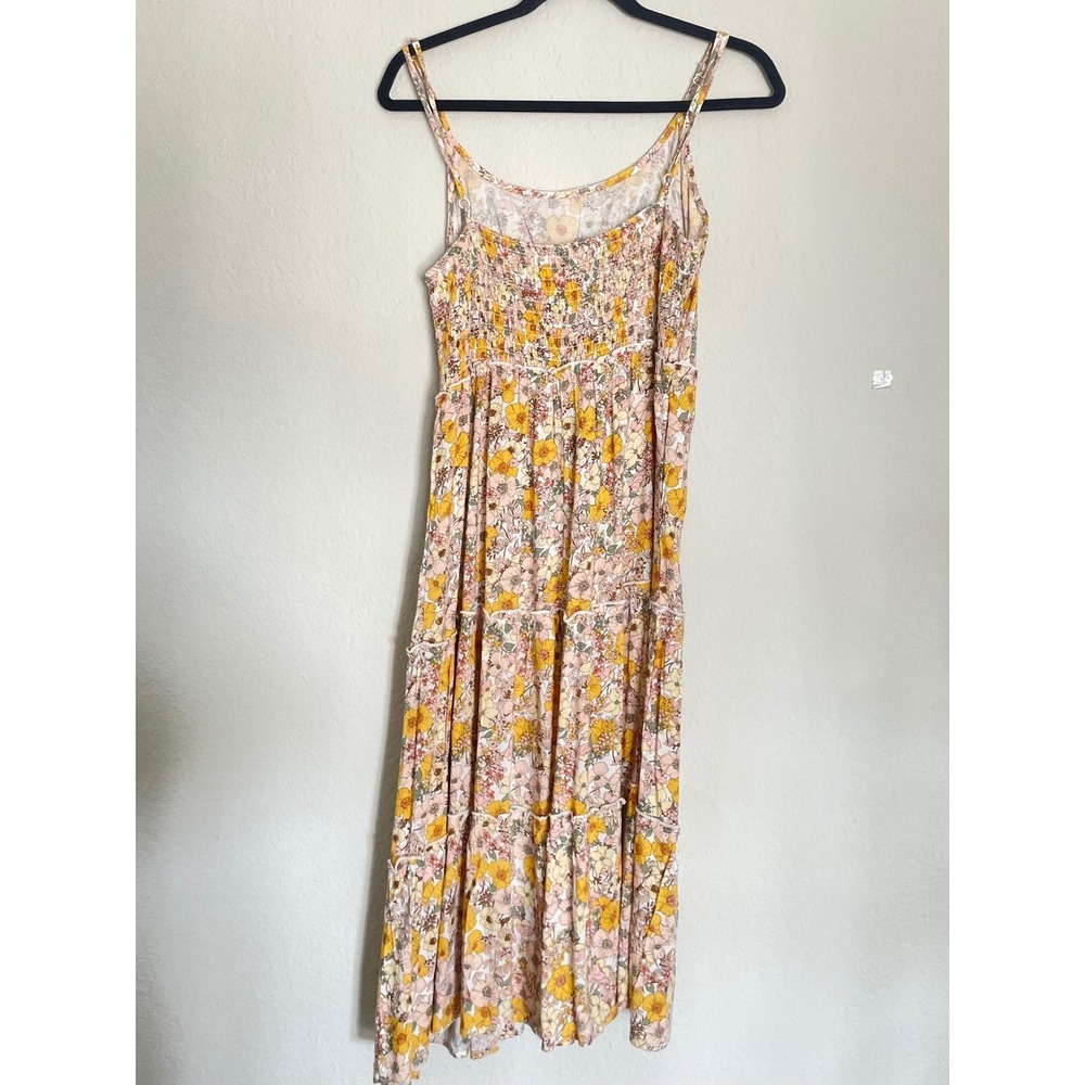 As U Wish Floral Midi Dress XL Yellow Pink Tiered Smocked Back Sundress - Picture 3 of 7